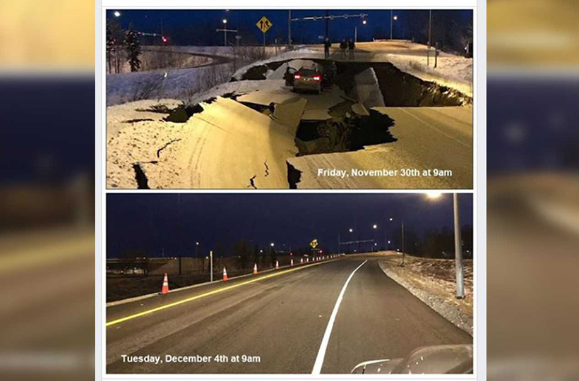 زلزال يتسبب بانهيار شارع في آلاسكا.. قبل أن يتم إصلاحه تماماً خلال 4 أيام!